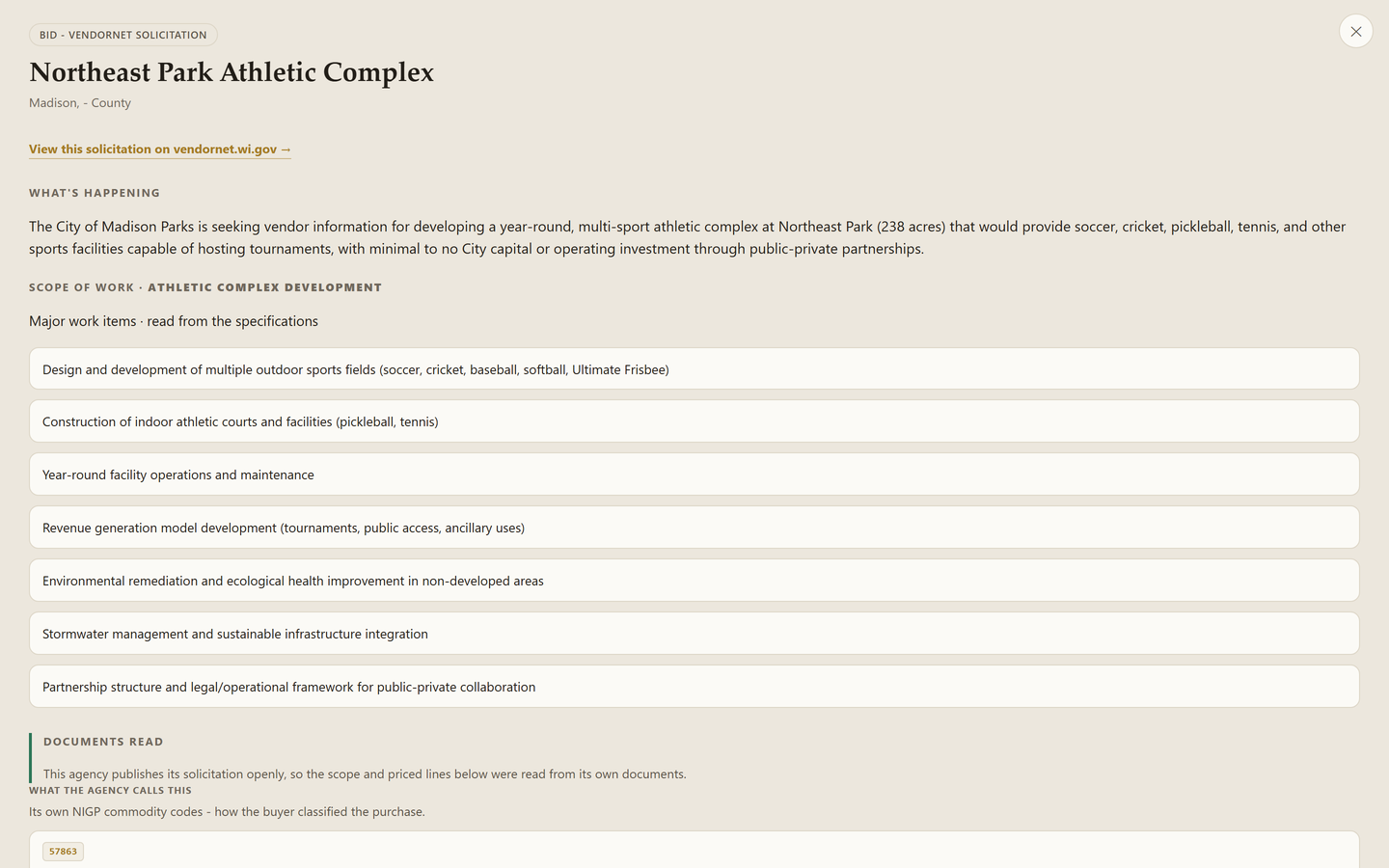 A solicitation with its scope and buying contact