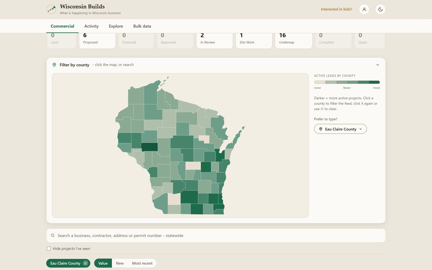 The county map with Eau Claire selected