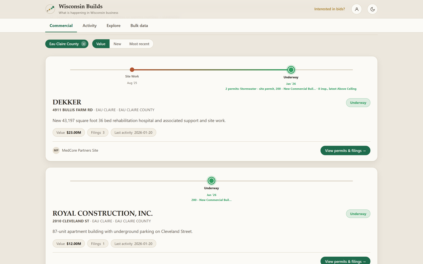 Project cards with values, filings and contractors
