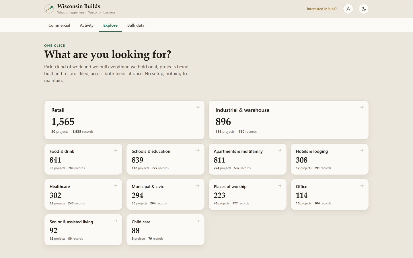 The Explore tab, with a card for each kind of work