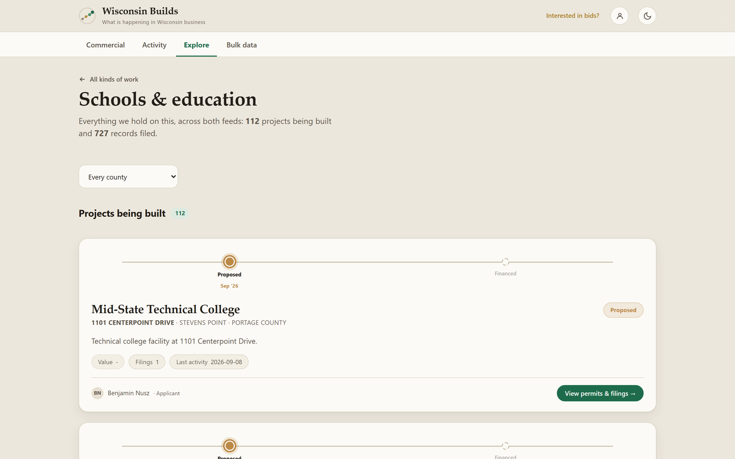 The schools and education lens, with its projects and a county picker